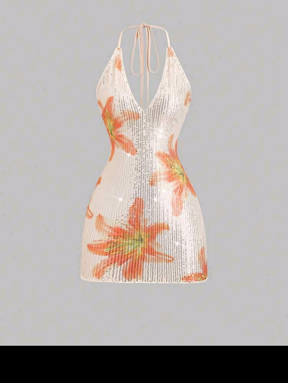 Halter Floral Sequin Mini Dress - Orange